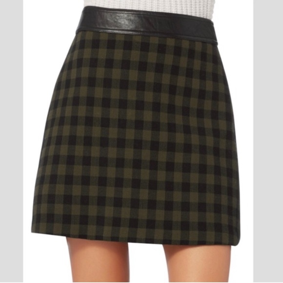 A.L.C. Krisa Green Plaid Virgin Wool Leather Mini Lined Pencil Skirt 6 - Picture 1 of 13